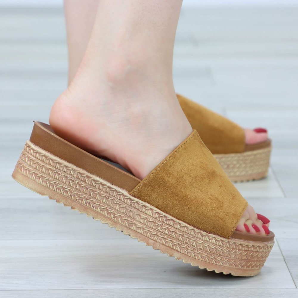 Faux Suede Tan Comfort Platform Sandal Slip On Sliders - Picture 11 of 14